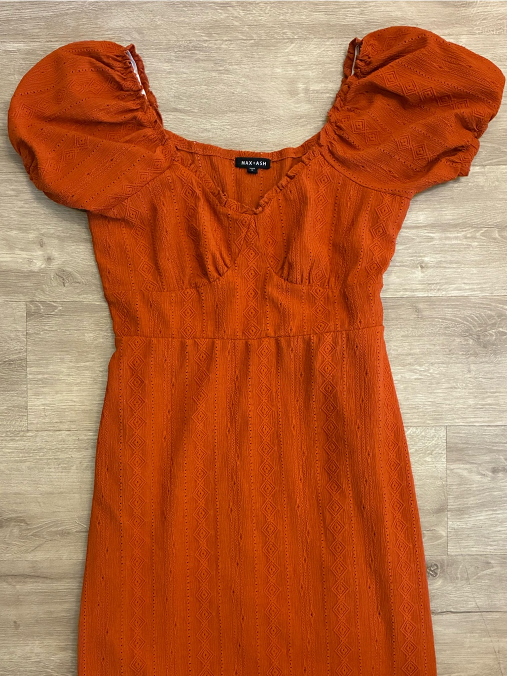 Rust Orange Midi Dress with Puff Sleeves - Picture 4 of 4